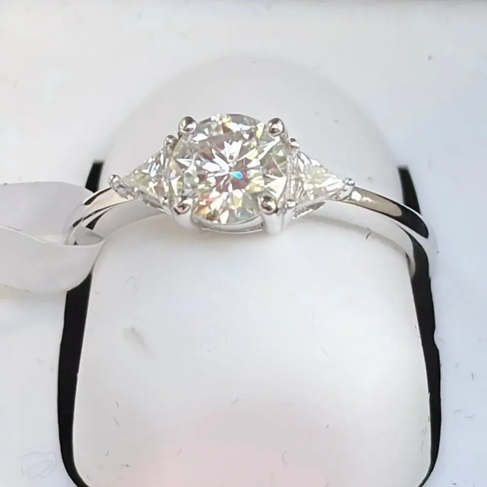 Moissanite 3 Stone Ring w/ Trillion Accents 925 Sterling Silver Size 7 NIB